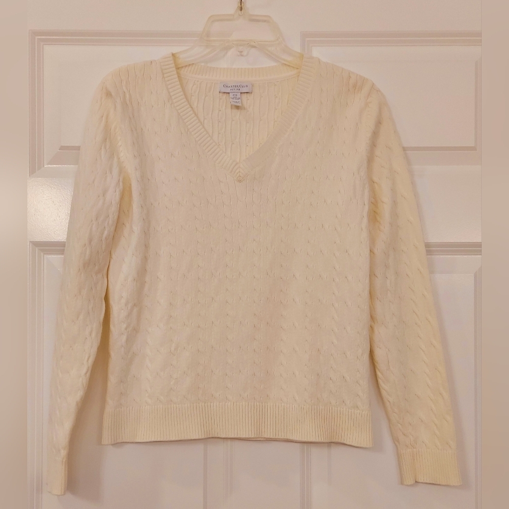 Charter Club SP Ivory Lightweight Pima Cotton Cable Knit V-Neck Sweater.